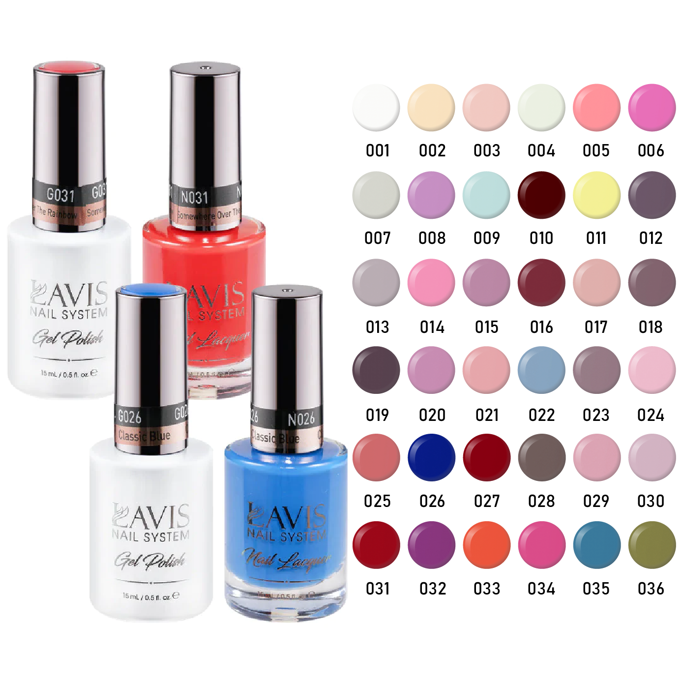 Lavis Gel Polish & Matching Nail Lacquer Duo Part 1: 001-036 (36 Colors)