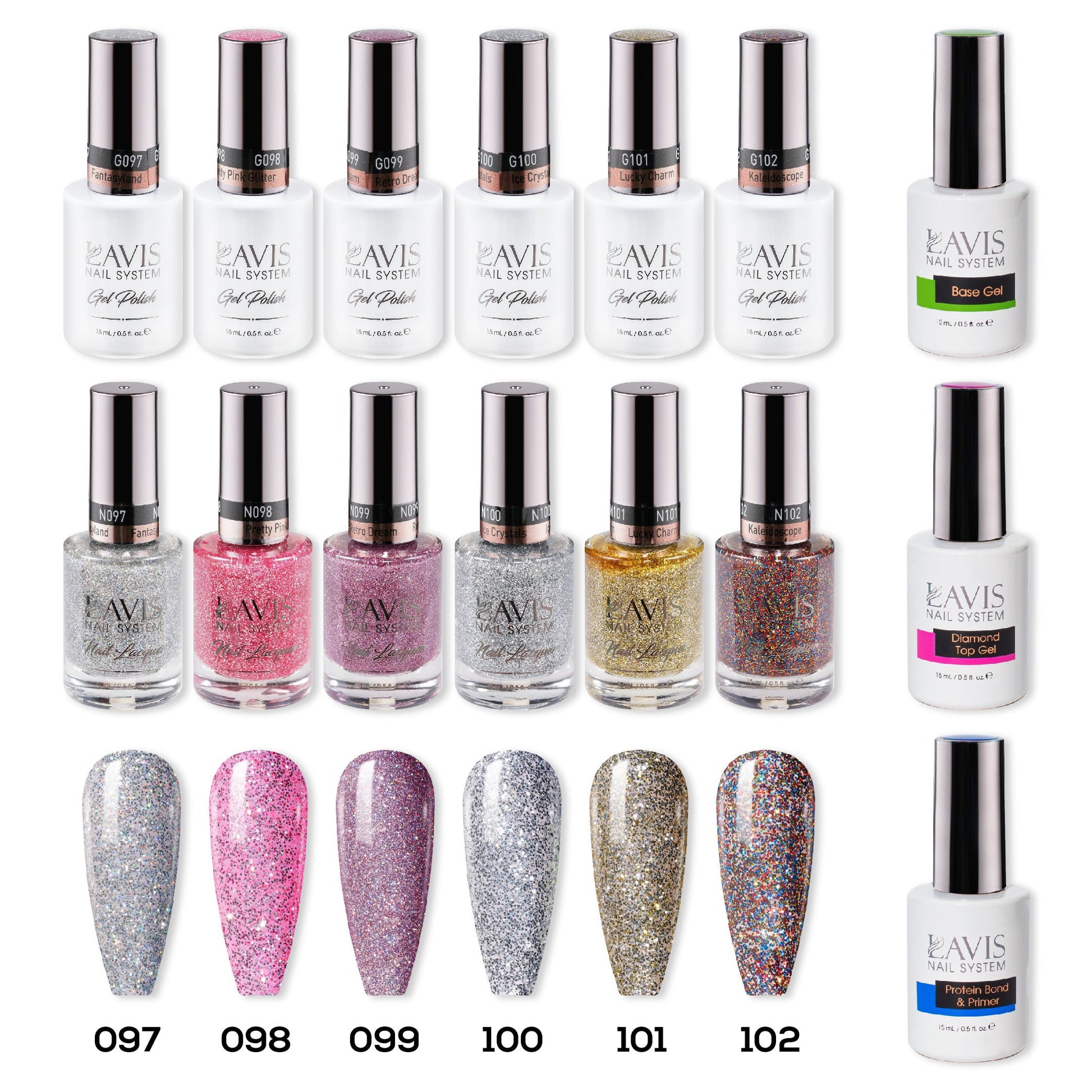 LAVIS Healthy Gel & Matching Lacquer Starter Kit FLASHY BEYOND DIVA : 097, 098, 099, 100, 101, 102, Base,Top & Strengthener