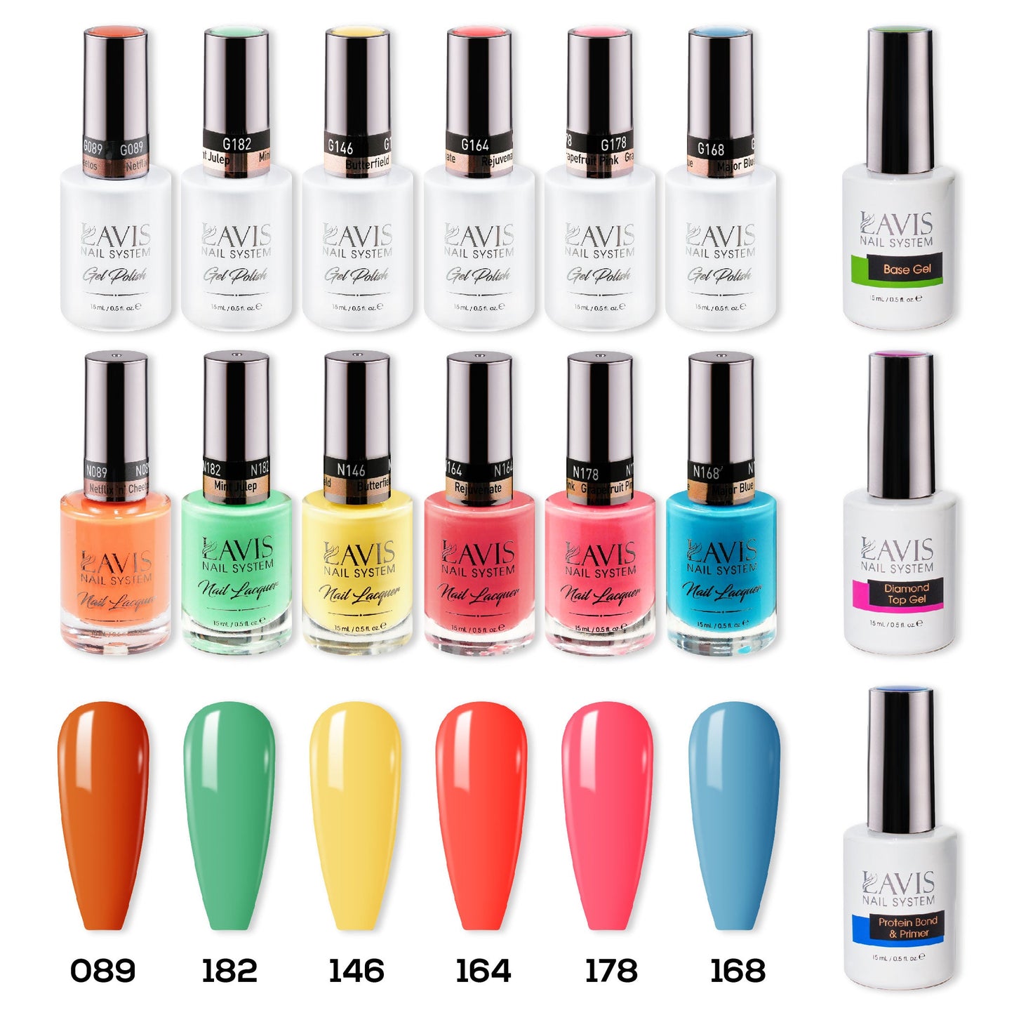 LAVIS Healthy Gel & Matching Lacquer Starter Set 10 : 089, 182, 146, 164, 178, 168, Base,Top & Bond Primer