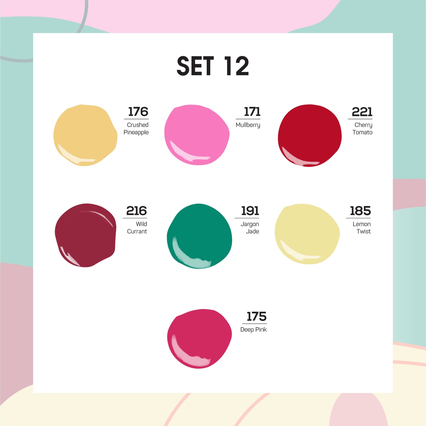 Lavis Holiday Collection: 7 Gel Polishes, 1 Base Gel, 1 Top Gel - Set 12 - 176, 171, 221, 216, 191, 185, 175 + BT