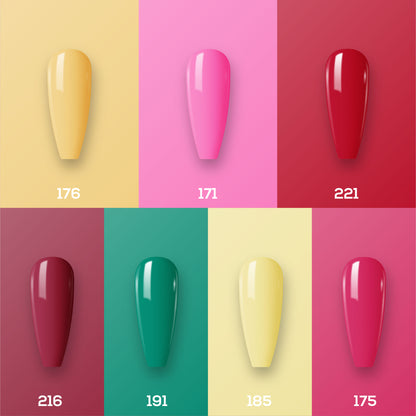 Lavis Holiday Collection: 7 Gel Polishes, 1 Base Gel, 1 Top Gel - Set 12 - 176, 171, 221, 216, 191, 185, 175 + BT