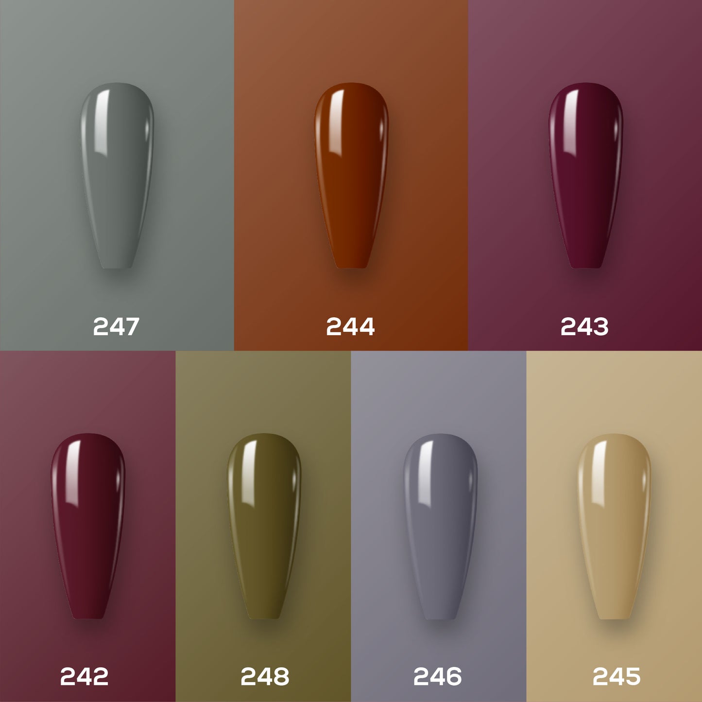 Lavis Holiday Collection: 7 Gel Polishes, 1 Base Gel, 1 Top Gel - Set 16 - 247, 244, 243, 242, 248, 246, 245 + BT