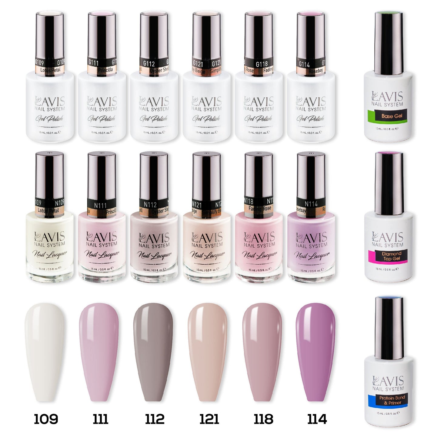 LAVIS Healthy Gel & Matching Lacquer Starter Set 1 : 109, 111, 112, 121, 118, 114, Base,Top & Bond Primer