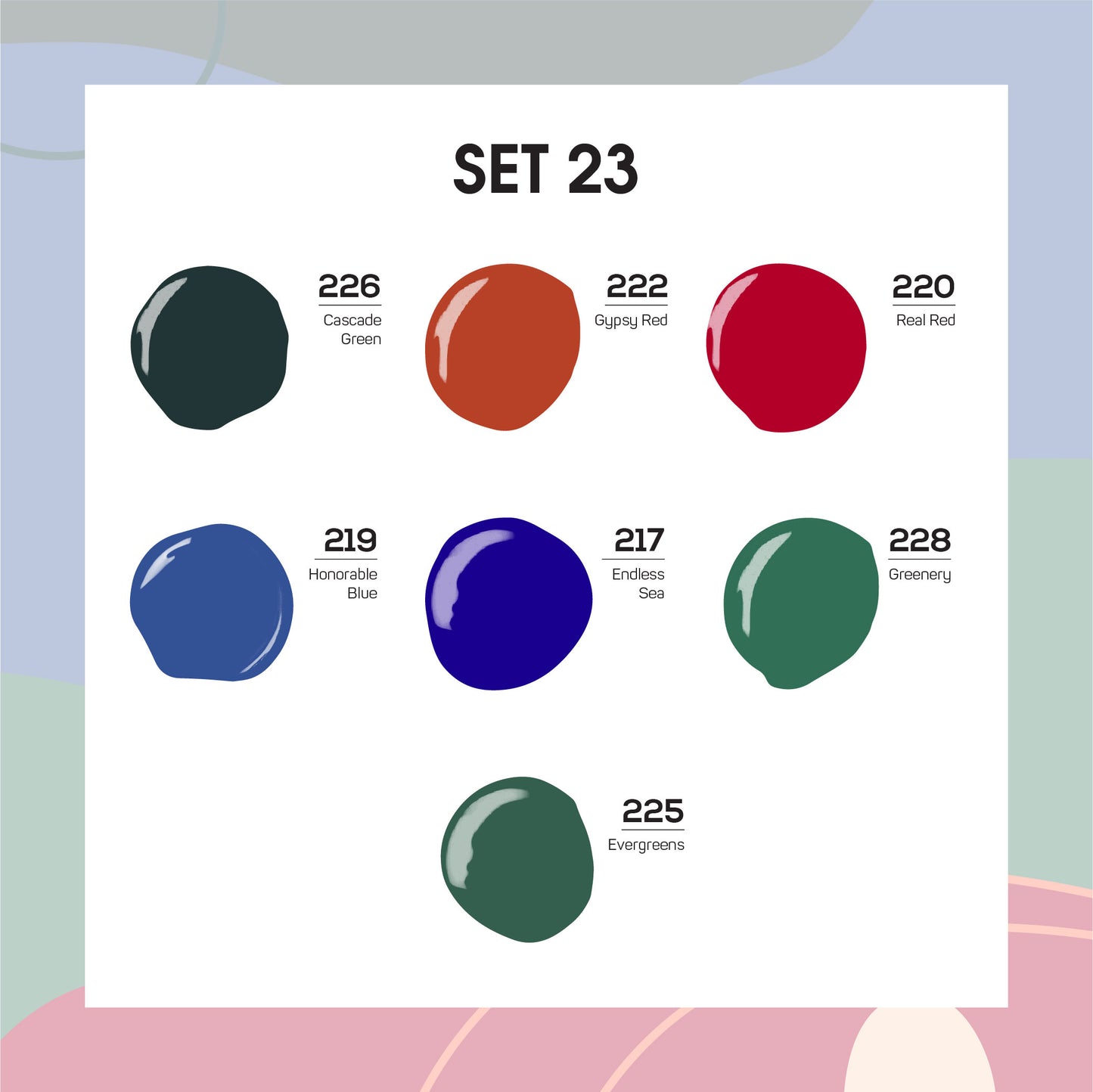 Lavis Holiday Collection: 7 Gel Polishes, 1 Base Gel, 1 Top Gel - Set 23 - 226, 222, 220, 219, 217,228, 225 + BT