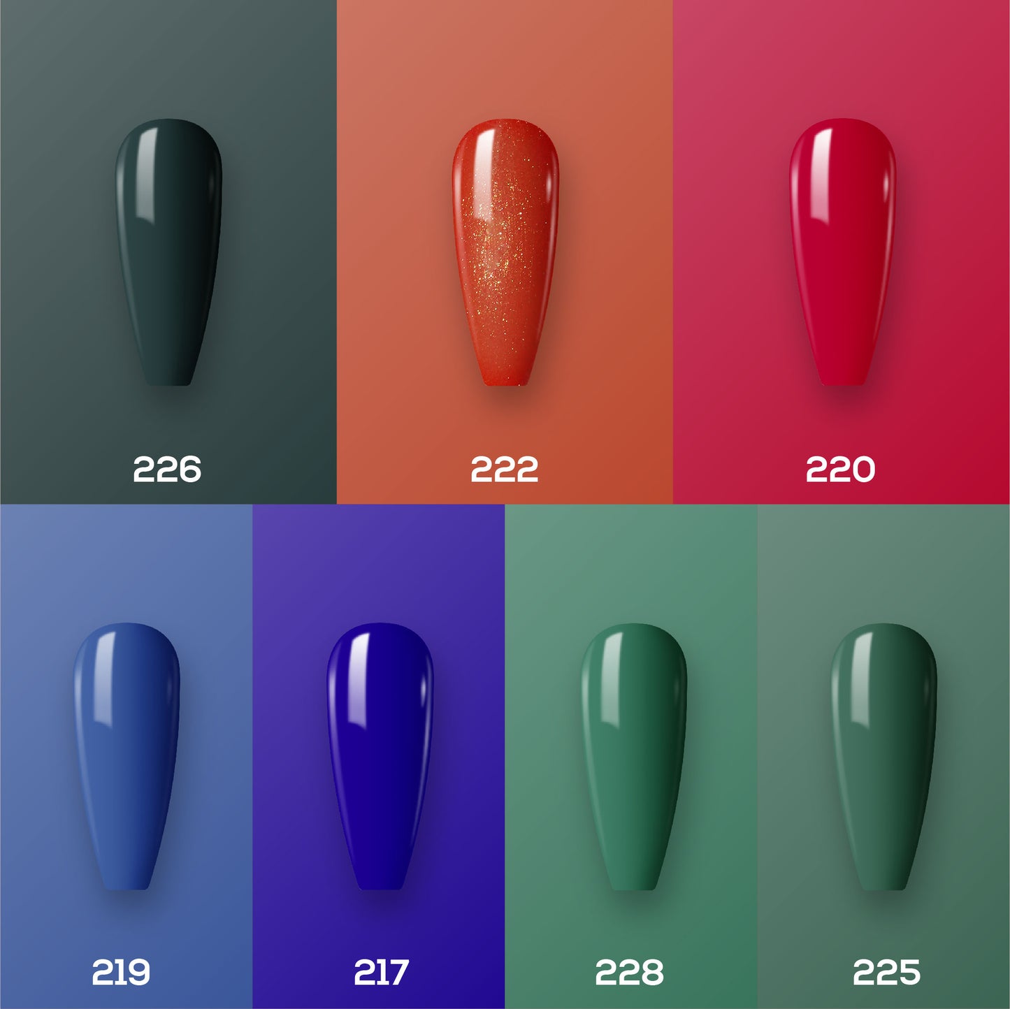 Lavis Holiday Collection: 7 Gel Polishes, 1 Base Gel, 1 Top Gel - Set 23 - 226, 222, 220, 219, 217,228, 225 + BT