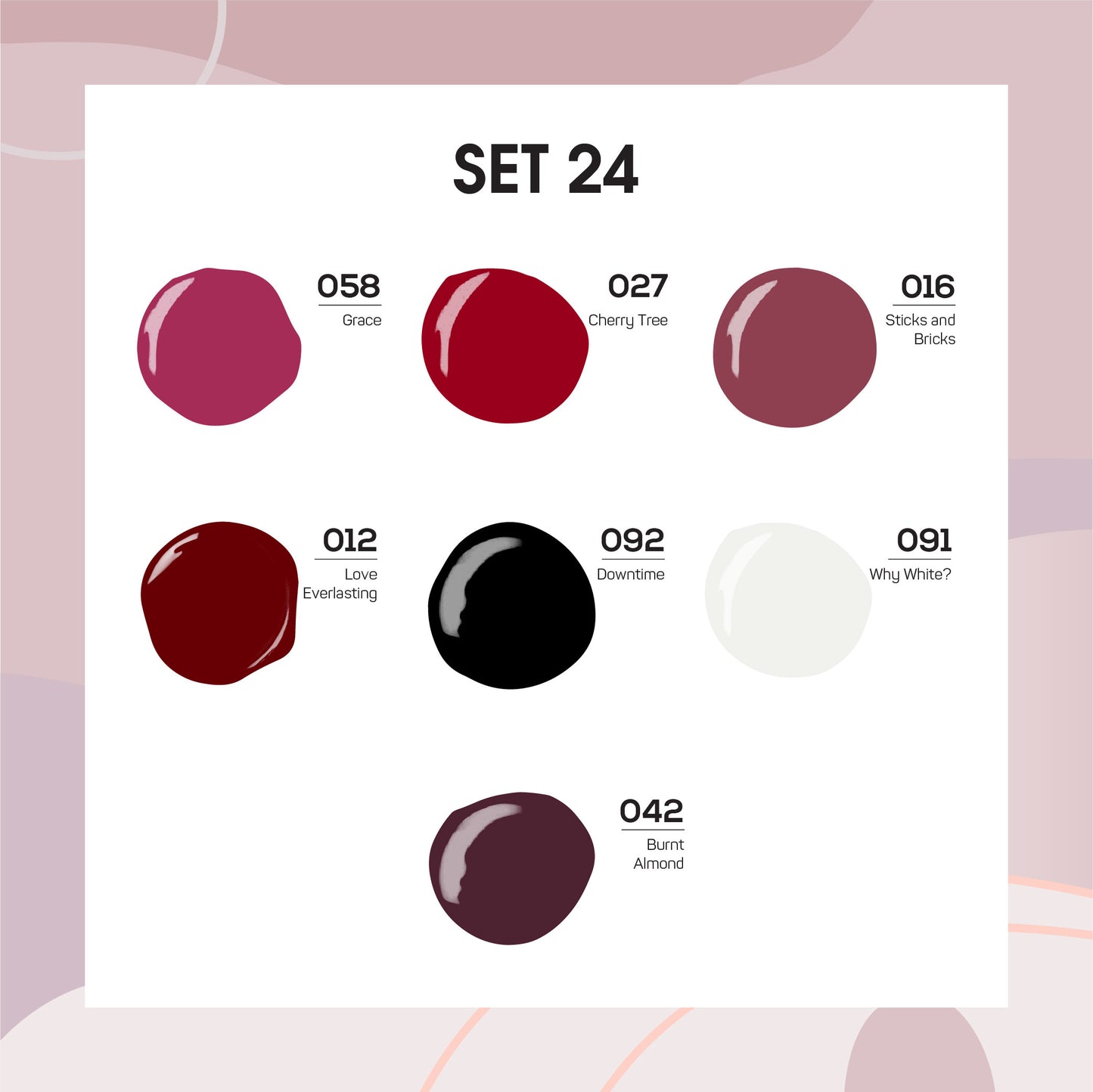 Lavis Holiday Collection: 7 Gel Polishes, 1 Base Gel, 1 Top Gel - Set 24 - 058, 027, 016, 012, 092, 091, 042 + BT