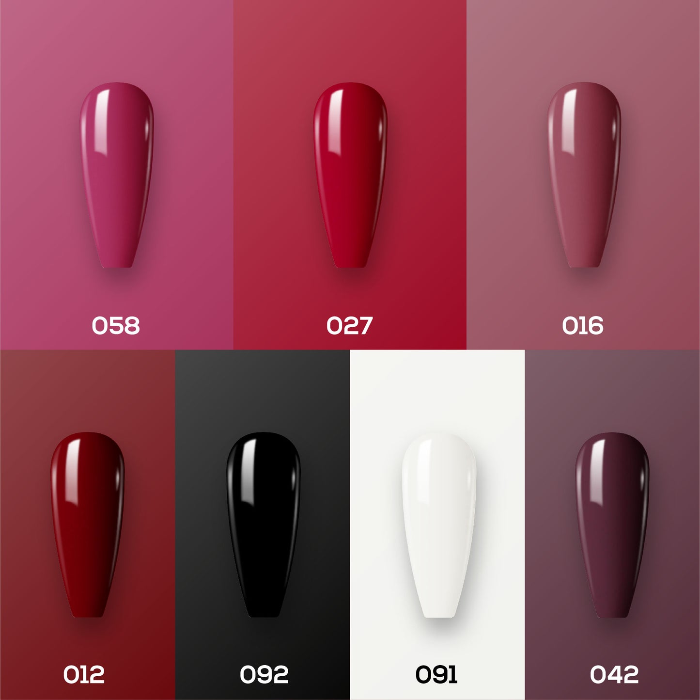 Lavis Holiday Collection: 7 Gel Polishes, 1 Base Gel, 1 Top Gel - Set 24 - 058, 027, 016, 012, 092, 091, 042 + BT