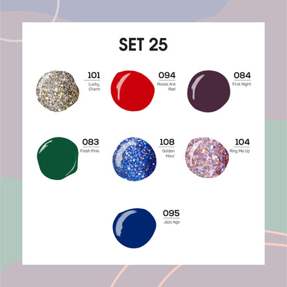 Lavis Holiday Collection: 7 Gel Polishes, 1 Base Gel, 1 Top Gel - Set 25 - 101, 094, 084, 083, 108, 104, 095 + BT