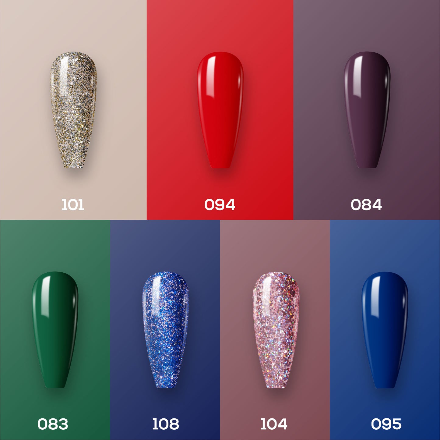 Lavis Holiday Collection: 7 Gel Polishes, 1 Base Gel, 1 Top Gel - Set 25 - 101, 094, 084, 083, 108, 104, 095 + BT