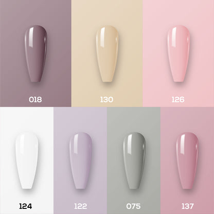 Lavis Holiday Collection: 7 Gel Polishes, 1 Base Gel, 1 Top Gel - Set 6 - 018, 130, 126, 124, 122, 075, 137 + BT