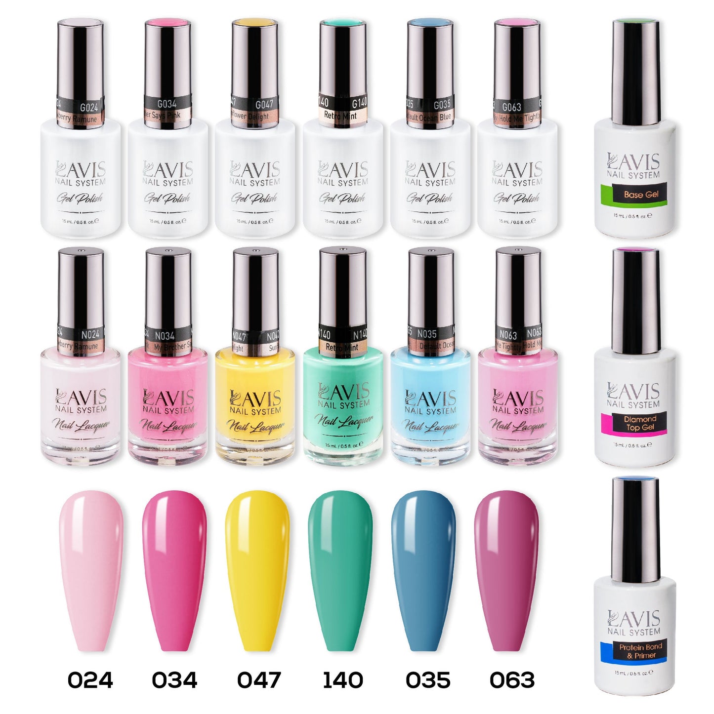 LAVIS Healthy Gel & Matching Lacquer Starter Summer Set 10: 024, 034, 047, 140, 035, 063, Base,Top & Bond Primer