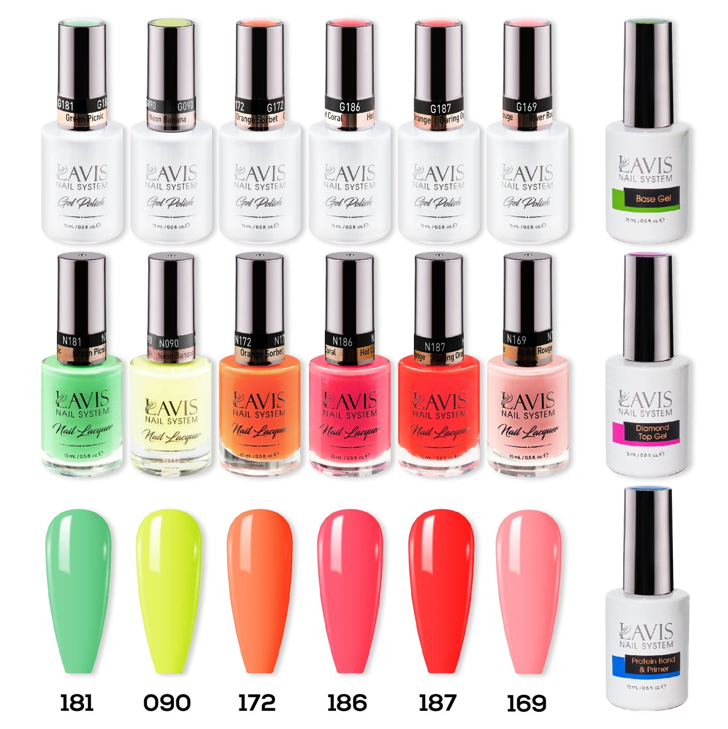 LAVIS Healthy Gel & Matching Lacquer Starter Summer Set G11: 181, 090, 172, 186, 187, 169, Base,Top & Bond Primer