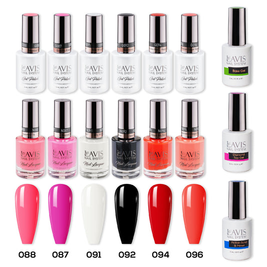 LAVIS Healthy Gel & Matching Lacquer Starter Summer Set 2: 088, 087, 091, 092, 094, 096, Base,Top & Bond Primer