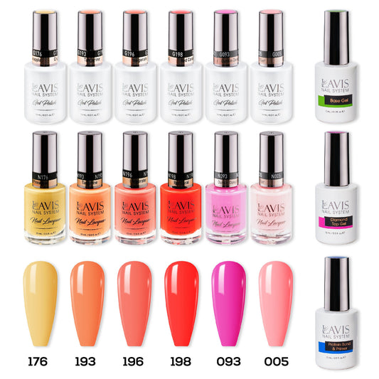 LAVIS Healthy Gel & Matching Lacquer Starter Summer Set 4: 176, 193, 196, 198, 093, 005, Base,Top & Bond Primer