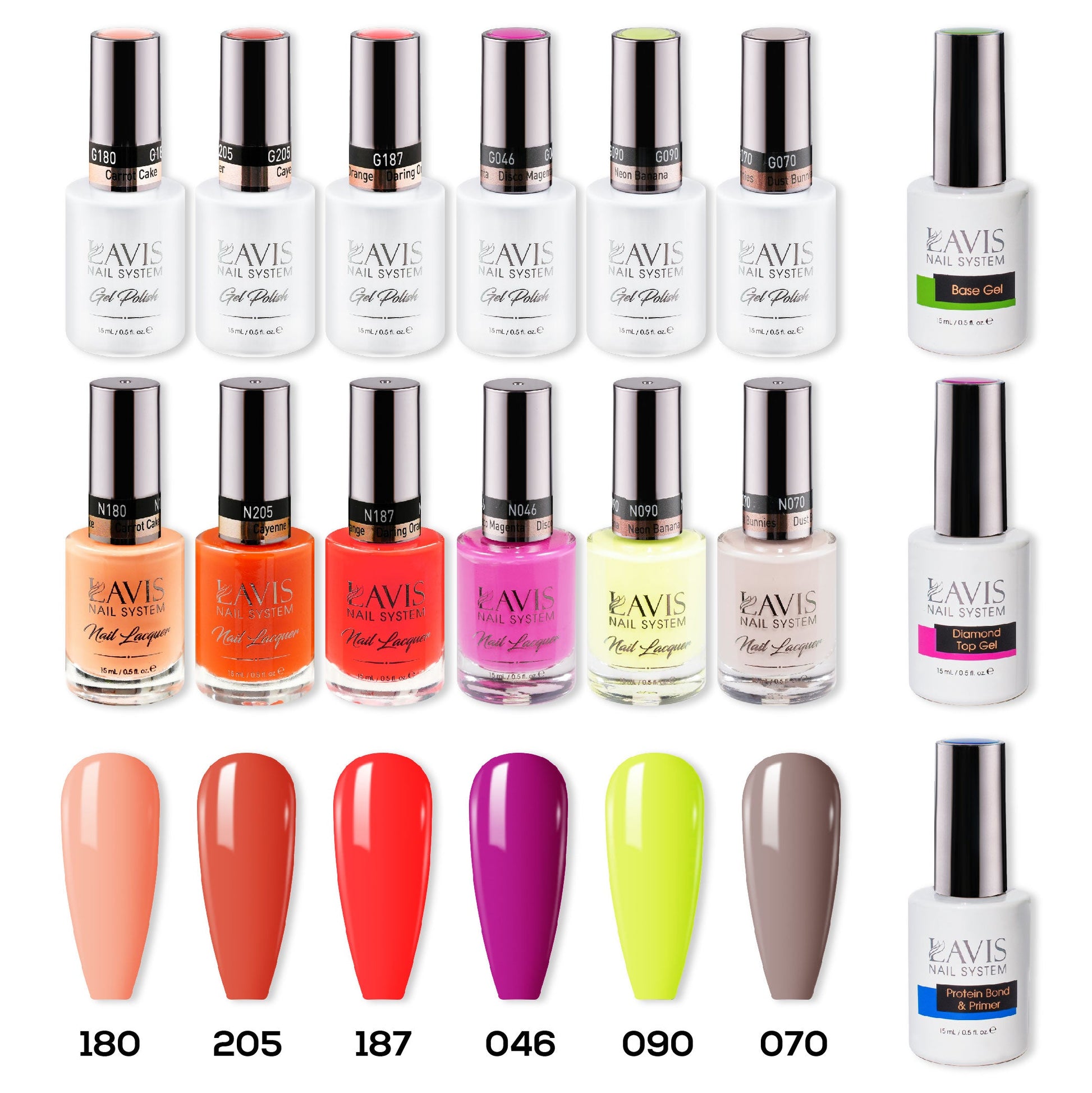 LAVIS Healthy Gel & Matching Lacquer Starter Summer Set 5: 180, 205, 187, 046, 090, 070, Base,Top & Bond Primer