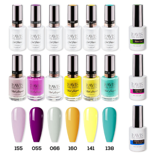 LAVIS Healthy Gel & Matching Lacquer Starter Summer Set 6: 155, 055, 066, 160, 141, 138, Base,Top & Bond Primer