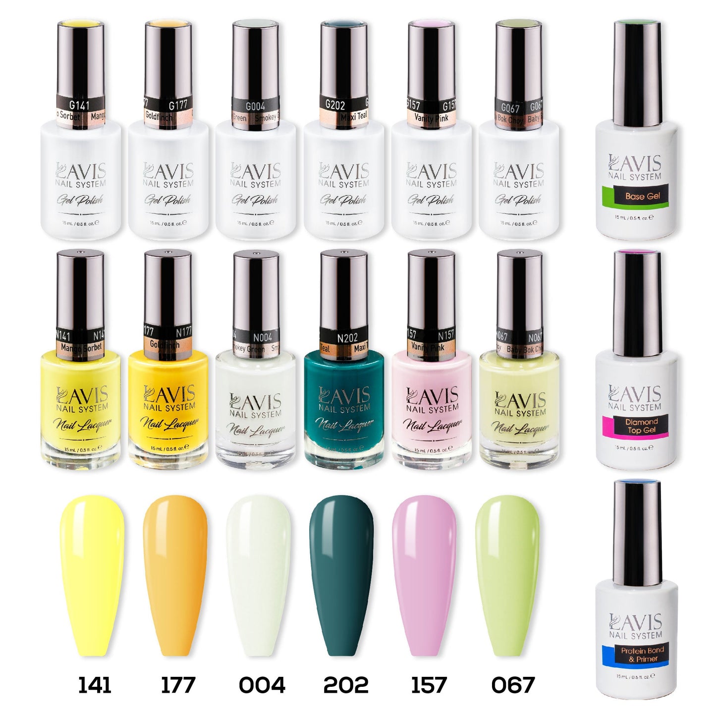 LAVIS Healthy Gel & Matching Lacquer Starter Summer Set 8: 141, 177, 004, 202, 157, 067, Base,Top & Bond Primer