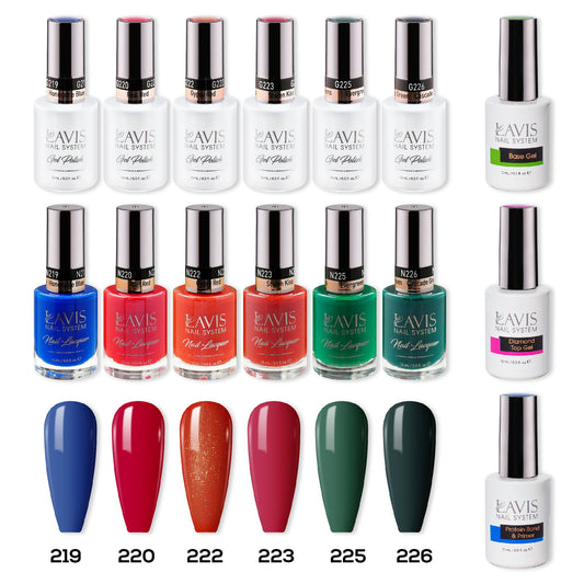 LAVIS Healthy Gel & Matching Lacquer Starter Summer Sunset With Love: 219, 220, 222, 223, 225, 226, Base,Top & Bond Primer