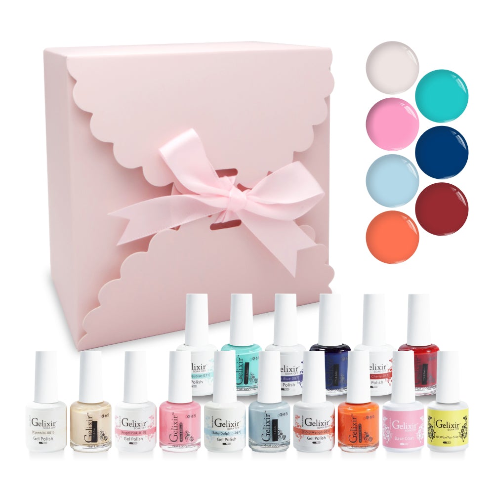 GELIXIR Holiday Gift Bubdle: 7 Gel Polishes, 1 Base Gel, 1 Top Gel - 001, 010, 067, 059, 071, 087, 047