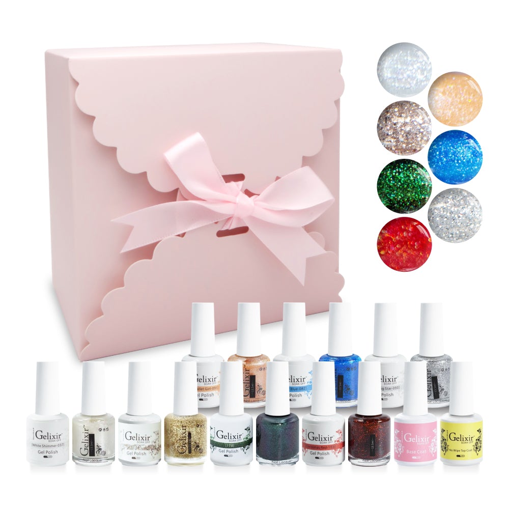 GELIXIR Holiday Gift Bubdle: 7 Gel Polishes, 1 Base Gel, 1 Top Gel - 037, 134, 178, 103, 091, 082, 093