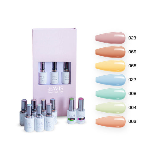 Lavis Holiday Collection: 7 Gel Polishes, 1 Base Gel, 1 Top Gel - SWEET TALK - 023; 069; 068; 022; 009; 004; 003 + BT