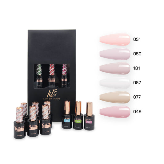LDS Holiday Collection: 6 Healthy Gel Polishes, 1 Base Gel, 1 Top Gel, 1 Strengthener - BARE NECESSITIES - 051, 050, 181, 057, 077, 049