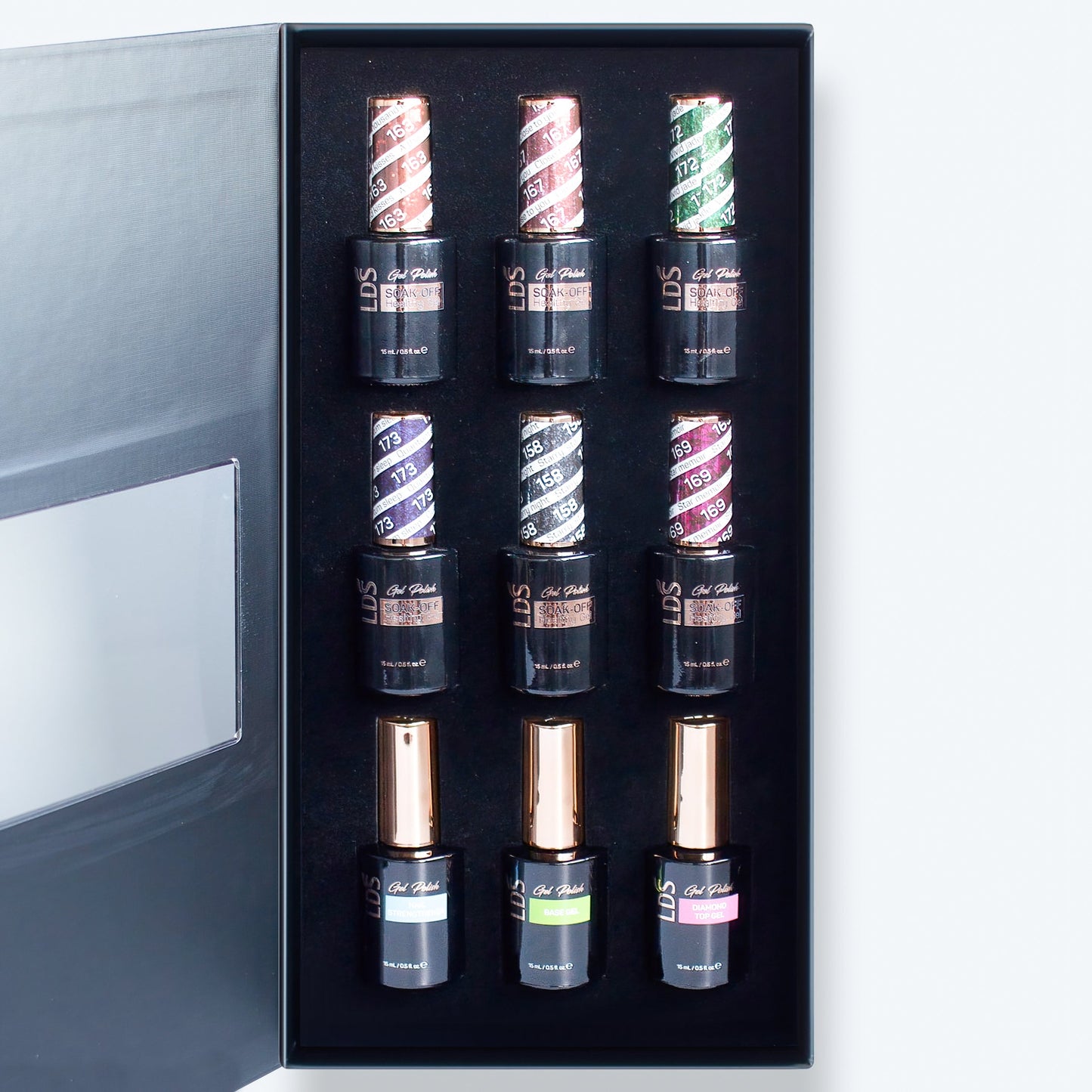 LDS Holiday Collection: 6 Healthy Gel Polishes, 1 Base Gel, 1 Top Gel - KEEP IT PLAYFUL - 163, 167, 172, 173, 158, 169