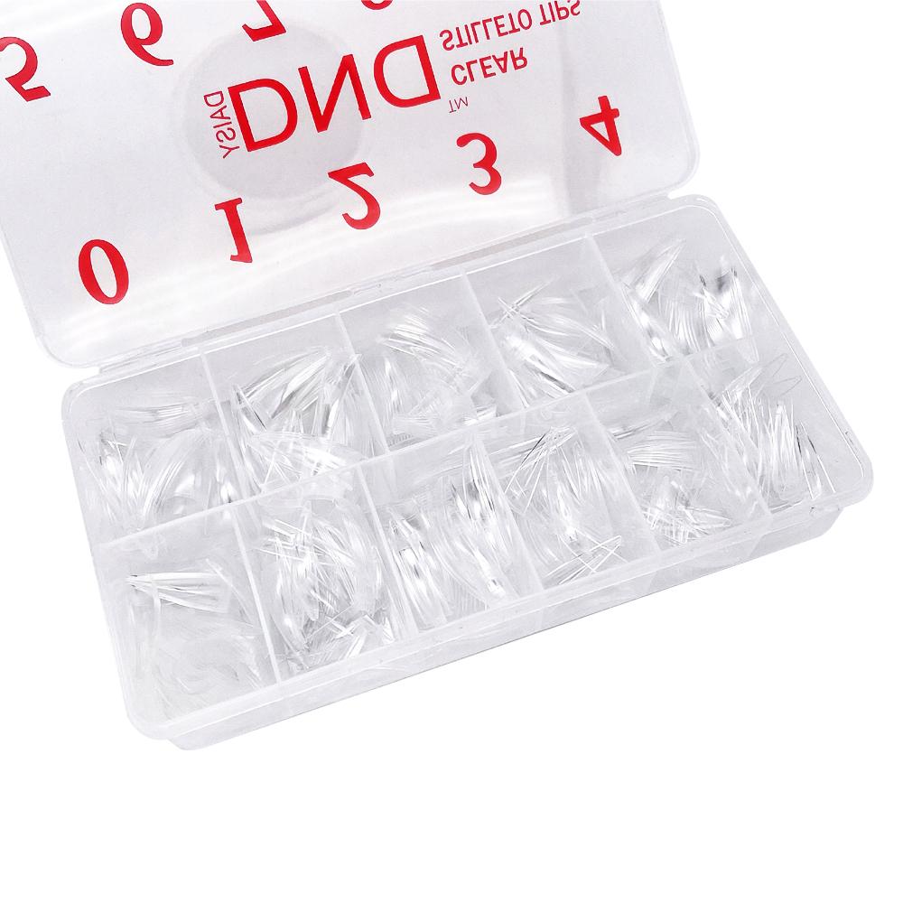 DND Acrylic Stiletto Nail Tips - Clear - 500pcs Box (Sizes #0-10)
