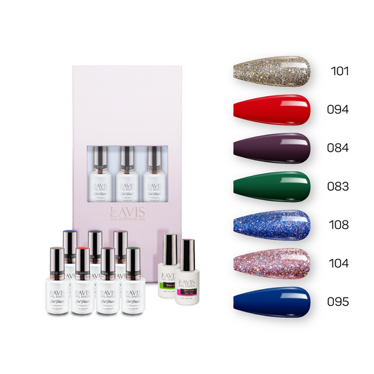 Lavis Holiday Collection: 7 Gel Polishes, 1 Base Gel, 1 Top Gel - Set 25 - 101, 094, 084, 083, 108, 104, 095 + BT