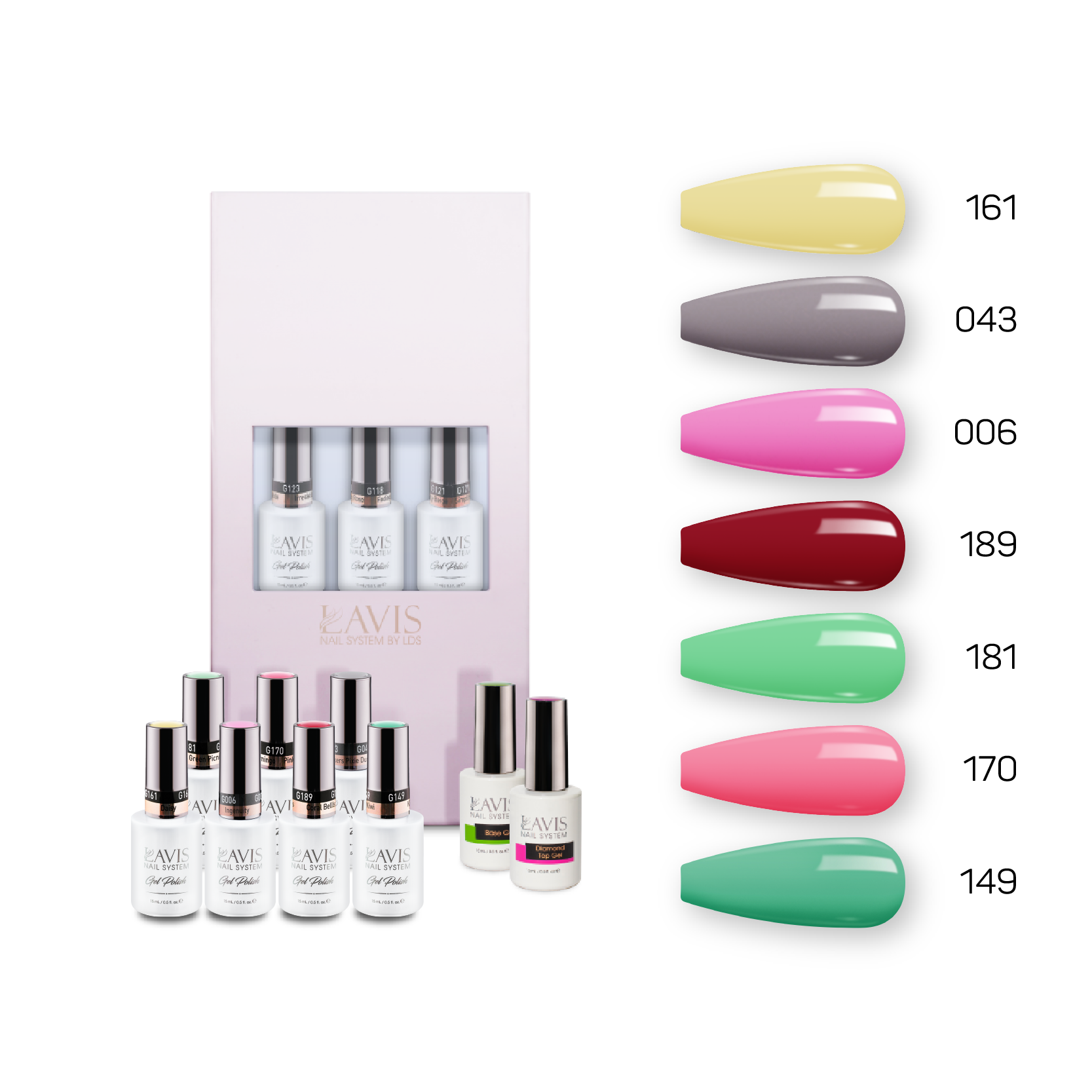 Lavis Holiday Collection: 7 Gel Polishes, 1 Base Gel, 1 Top Gel - Set 11 - 161; 043; 006; 189; 181; 170; 149 + BT