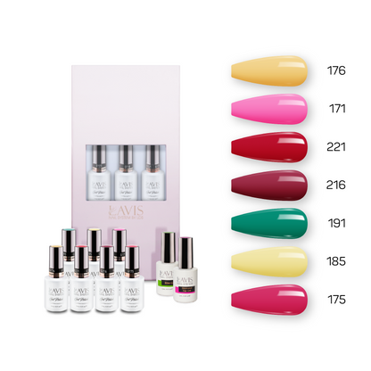 Lavis Holiday Collection: 7 Gel Polishes, 1 Base Gel, 1 Top Gel - Set 12 - 176, 171, 221, 216, 191, 185, 175 + BT