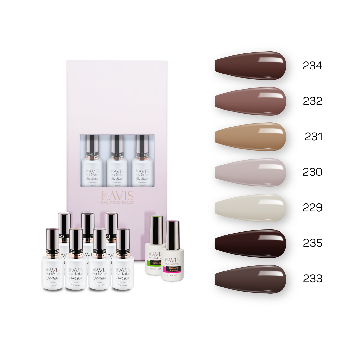 Lavis Holiday Collection: 7 Gel Polishes, 1 Base Gel, 1 Top Gel - Set 15 - 234, 232, 231, 230, 229, 235, 233 + BT