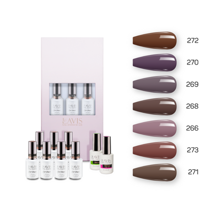 Lavis Holiday Collection: 7 Gel Polishes, 1 Base Gel, 1 Top Gel - Set 18 - 272, 270, 269, 268, 266, 273, 271 + BT