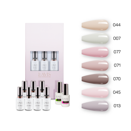 Lavis Holiday Collection: 7 Gel Polishes, 1 Base Gel, 1 Top Gel - Set 2 - 044, 007, 077, 071, 070, 045, 013 + BT