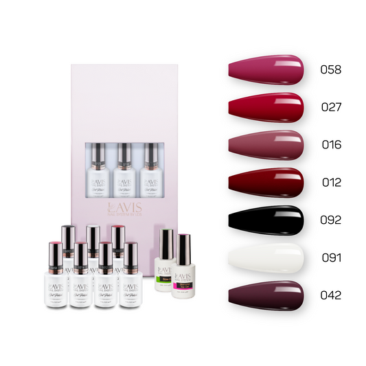 Lavis Holiday Collection: 7 Gel Polishes, 1 Base Gel, 1 Top Gel - Set 24 - 058, 027, 016, 012, 092, 091, 042 + BT