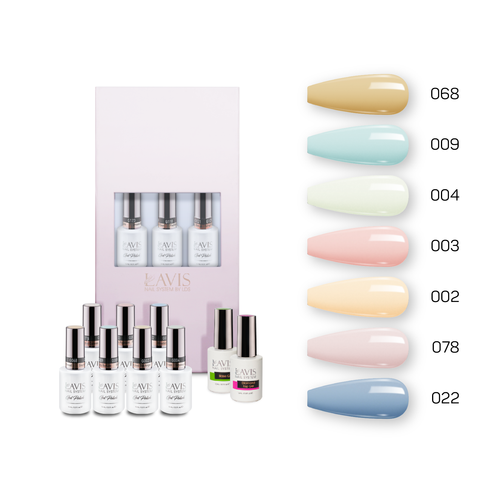 Lavis Holiday Collection: 7 Gel Polishes, 1 Base Gel, 1 Top Gel - Set 4 - 068, 009, 004, 003, 002, 078, 022 + BT