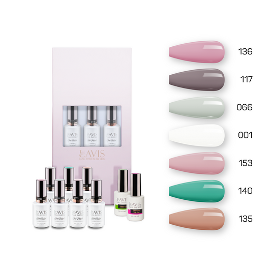 Lavis Holiday Collection: 7 Gel Polishes, 1 Base Gel, 1 Top Gel - Set 5 - 136, 117, 066, 001, 153, 140, 135 + BT