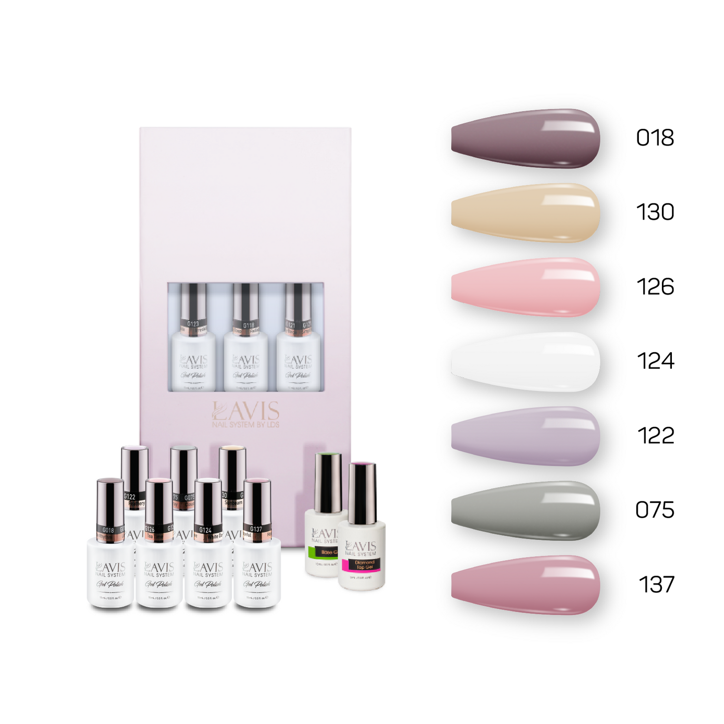 Lavis Holiday Collection: 7 Gel Polishes, 1 Base Gel, 1 Top Gel - Set 6 - 018, 130, 126, 124, 122, 075, 137 + BT