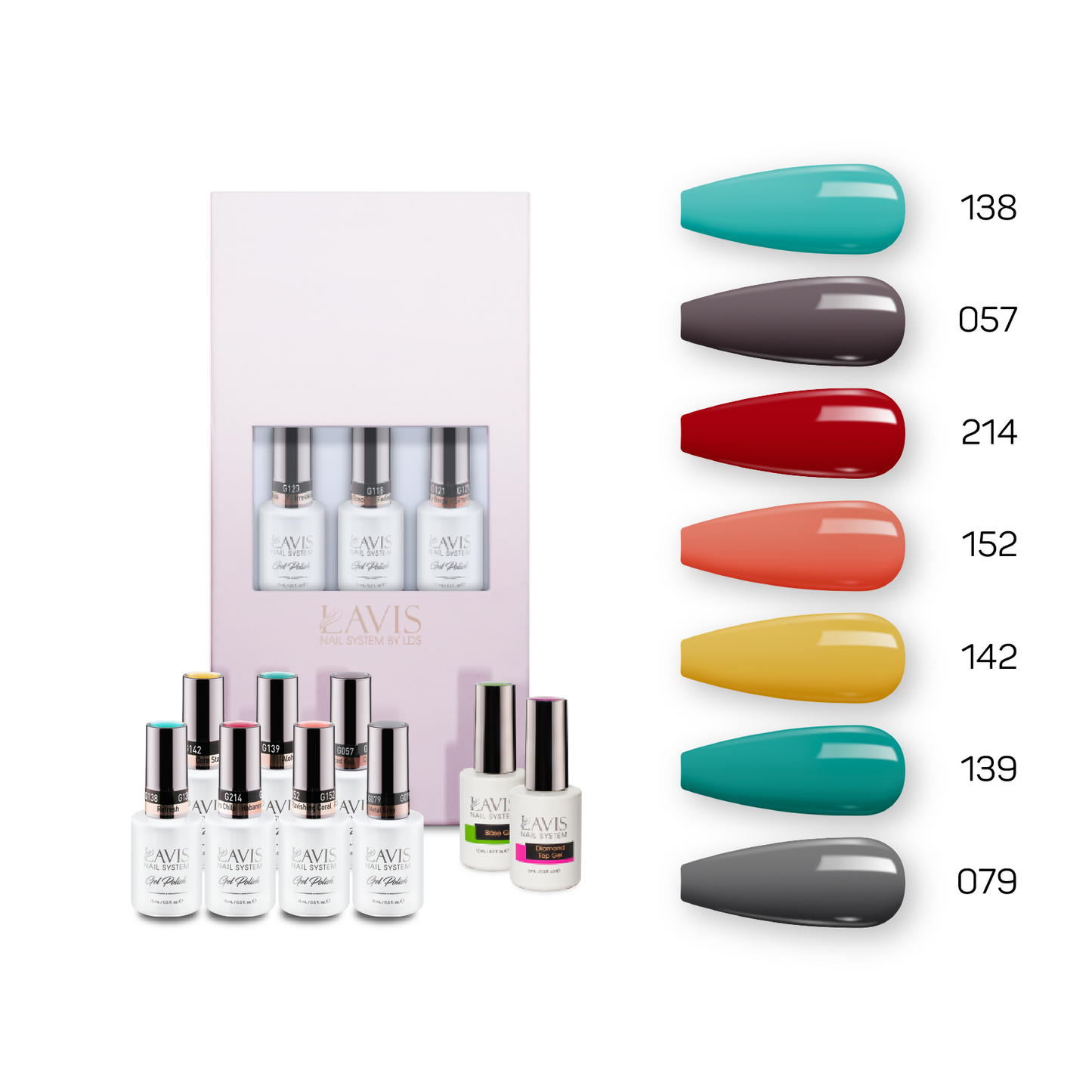 Lavis Holiday Collection: 7 Gel Polishes, 1 Base Gel, 1 Top Gel - Set 7 - 138, 057, 214, 152, 142, 139, 079 + BT