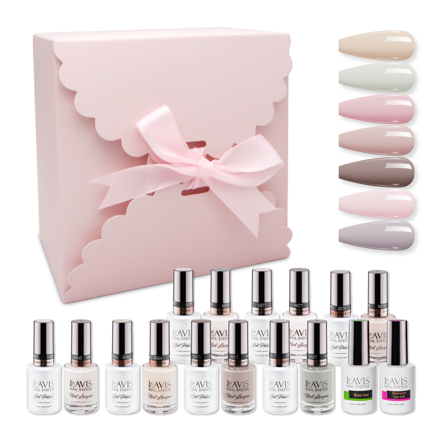 LAVIS Holiday Gift Bundle Set 2: 7 Gel & Lacquer, 1 Base Gel, 1 Top Gel - 070; 013; 007; 044; 071; 077; 045