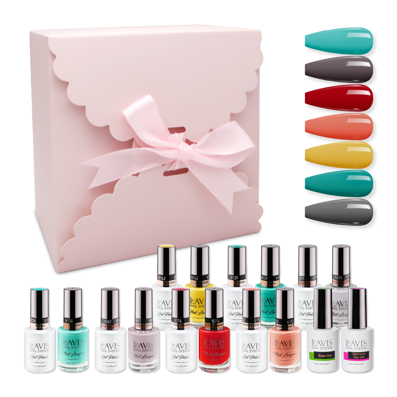 LAVIS Holiday Gift Bundle Set 7: 7 Gel & Lacquer, 1 Base Gel, 1 Top Gel - 079; 138; 152; 057; 214; 142; 139