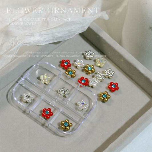 Flower Opnament 6 Grid Pack Alloy Nail Art Charms for Manicure Nail Art Decor